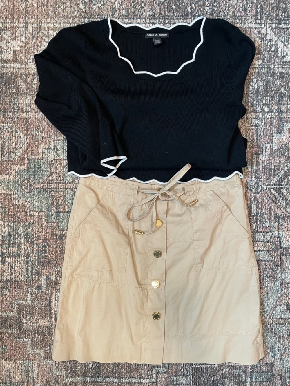 Tory Burch Khaki Mini Skirt Gold Button Front Belted Size 0 Preppy Classic